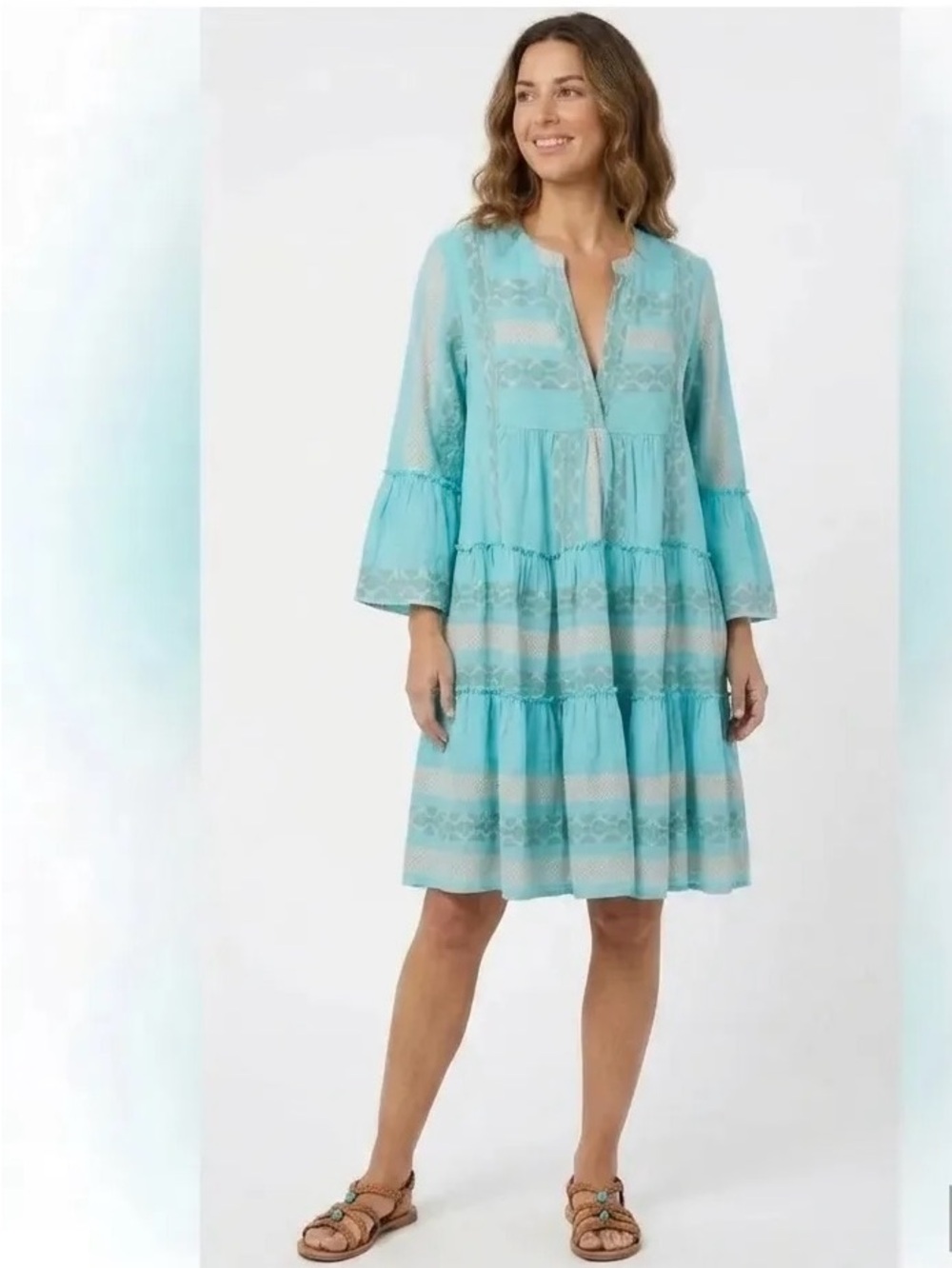 Dharma Dress  Sz M Cotton Weaved Geometric Tiered  Knee long Boho chic Hippie